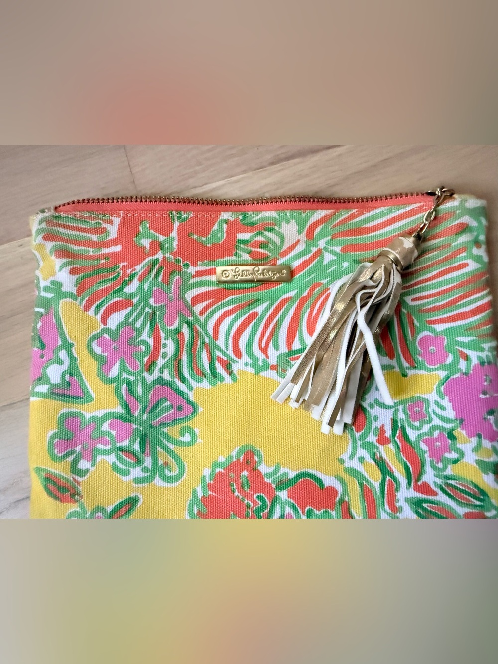 Lilly Pulitzer Coral, Yellow & Pink Floral Canvas Clutch with Gold Tassel